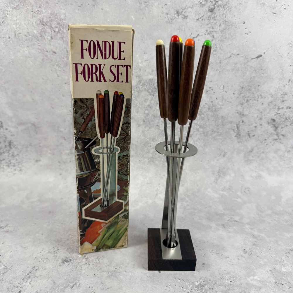 Fondue Fork Set Stainless Steel Wood‎ Handles Made in Japan NOS